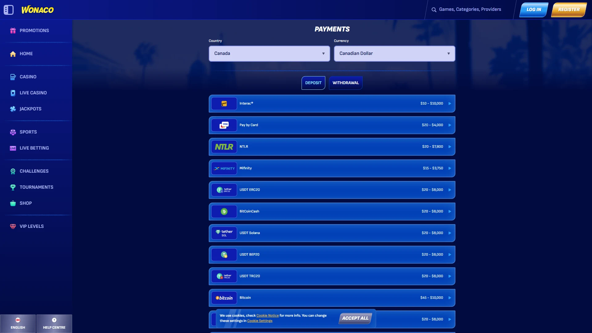 Wonaco payment methods